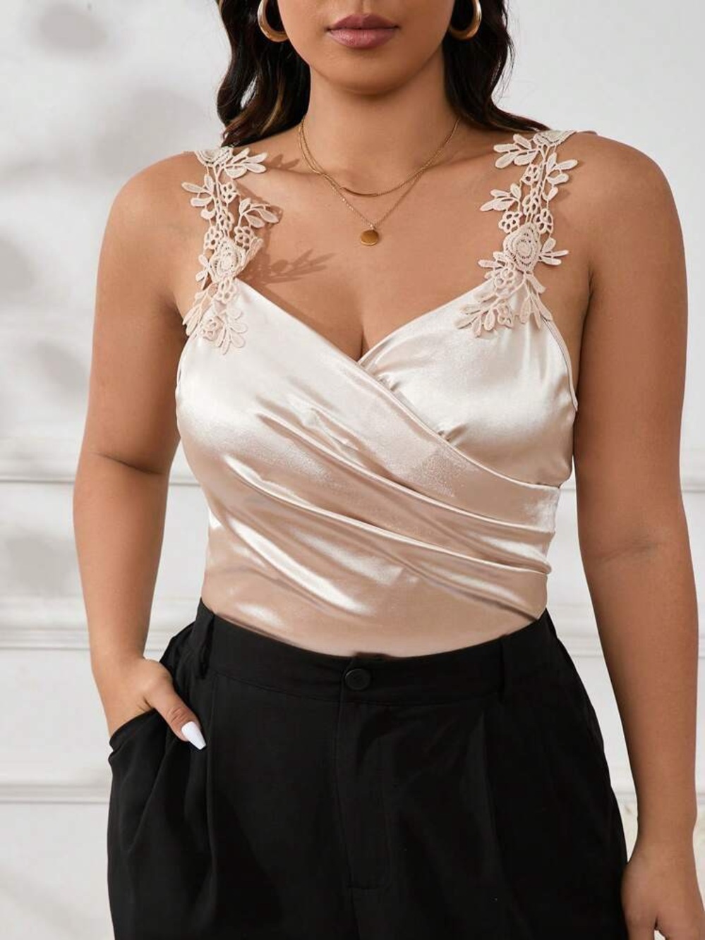 Lace Floral Trim Satin Bodysuit in Champagne - Women Intimates